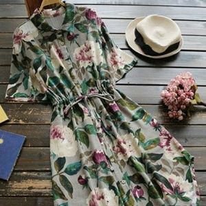 Button Up Floral Drawstring Waist Linen Dress